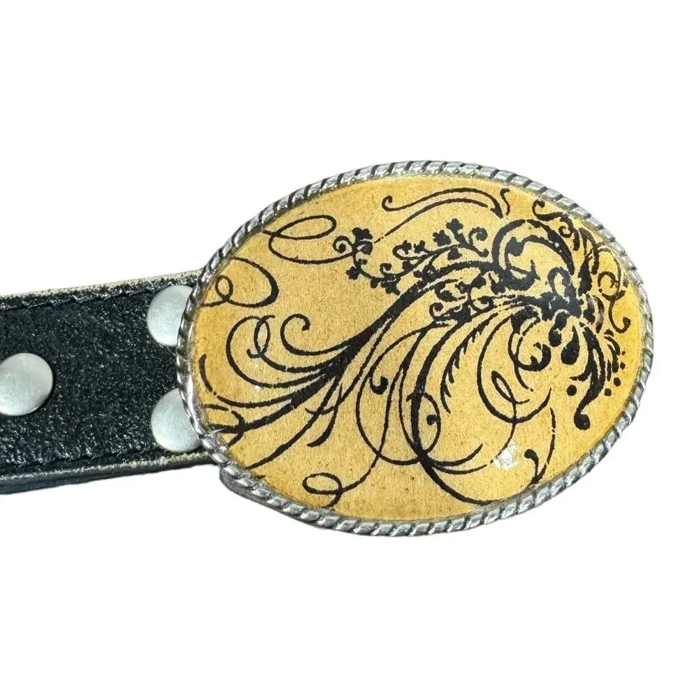 Boho Artisan Floral Buckle Black Distressed Leather Belt Small Western Cottage - Picture 4 of 5